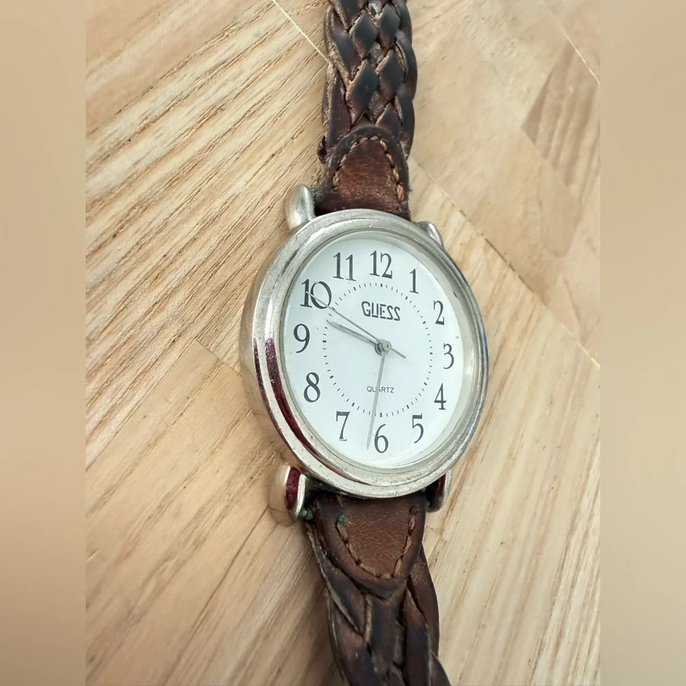 Vintage guess ladies silver tone brown braided leather watch NEW BATTERY